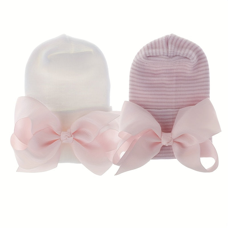 Newborn Baby Knit Hat with Large Pink Bow - Breathable Acrylic, Adjustable Toggle Closure, Perfect for Daily & Casual Occasions, Everyday Headwear | Playful Accessory | Knit Construction, Baby Clothes