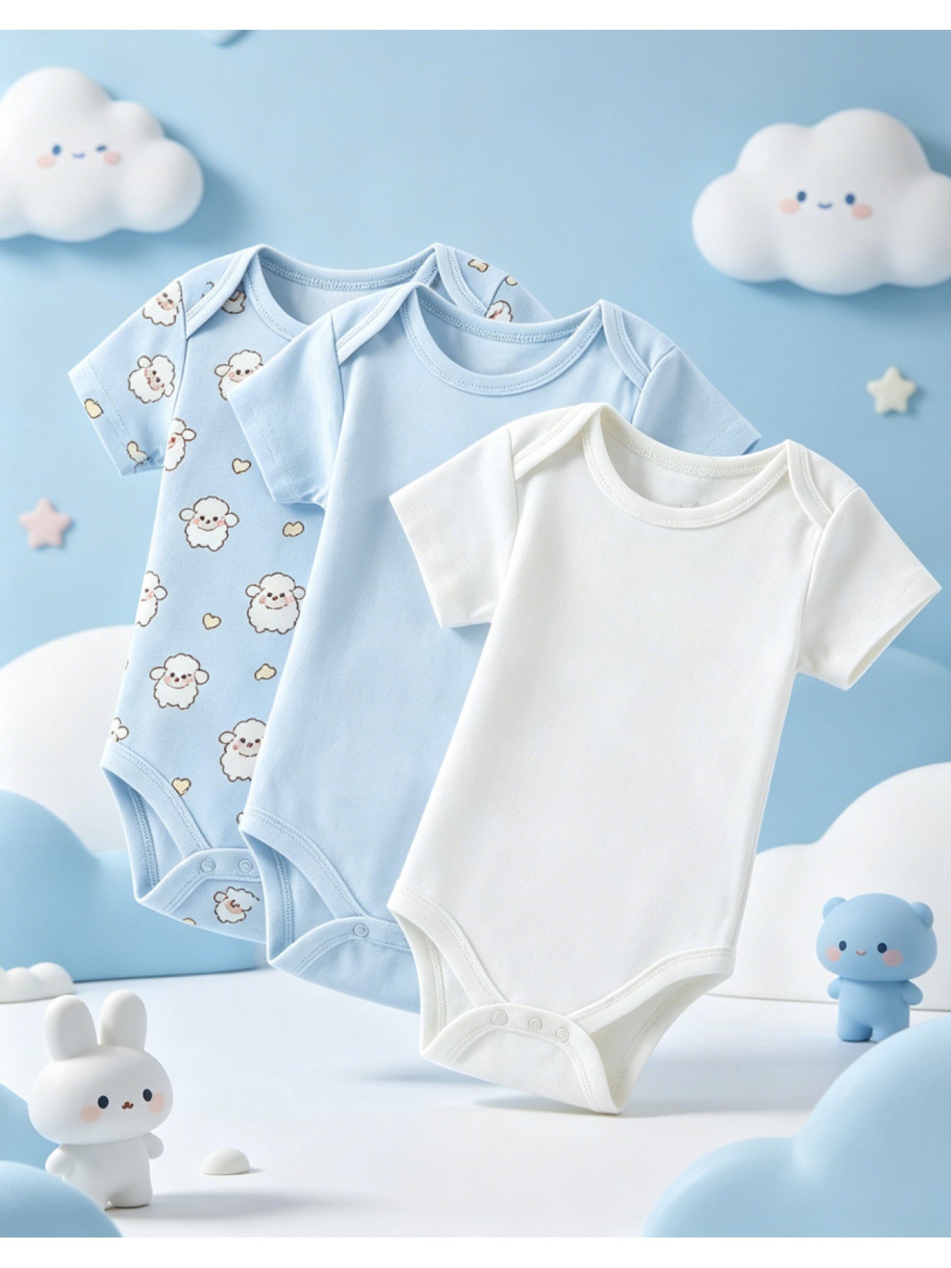 3 Items: Baby Triangle Onesie, Three Colors Featuring Adorable Blue Cartoon Sheep Prints, Fresh and Soothing, Soft and Comfortable, Easy to Change Diapers, Suitable for Casual Attire and Outdoor Activities, Making It the Perfect Baby Gift