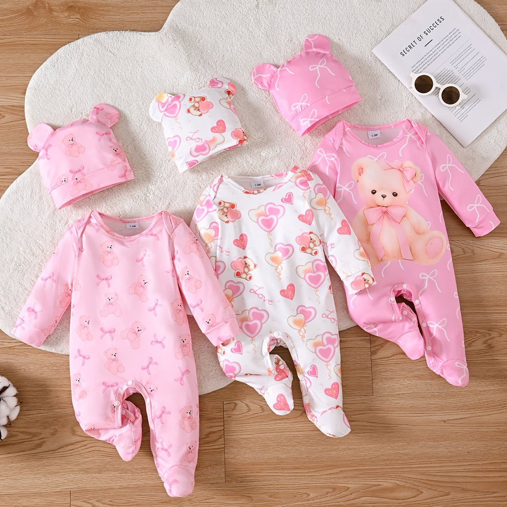 Set of 6 Long-Sleeve Footed Rompers for Newborn Girls, Adorned with Bear And Bow Designs, Complete with a Button Closure at The Bottom And a Matching Bunny Hat. This Soft And Cozy Outfit Makes a Perfect Gift And Is a Must-Have for Every Baby