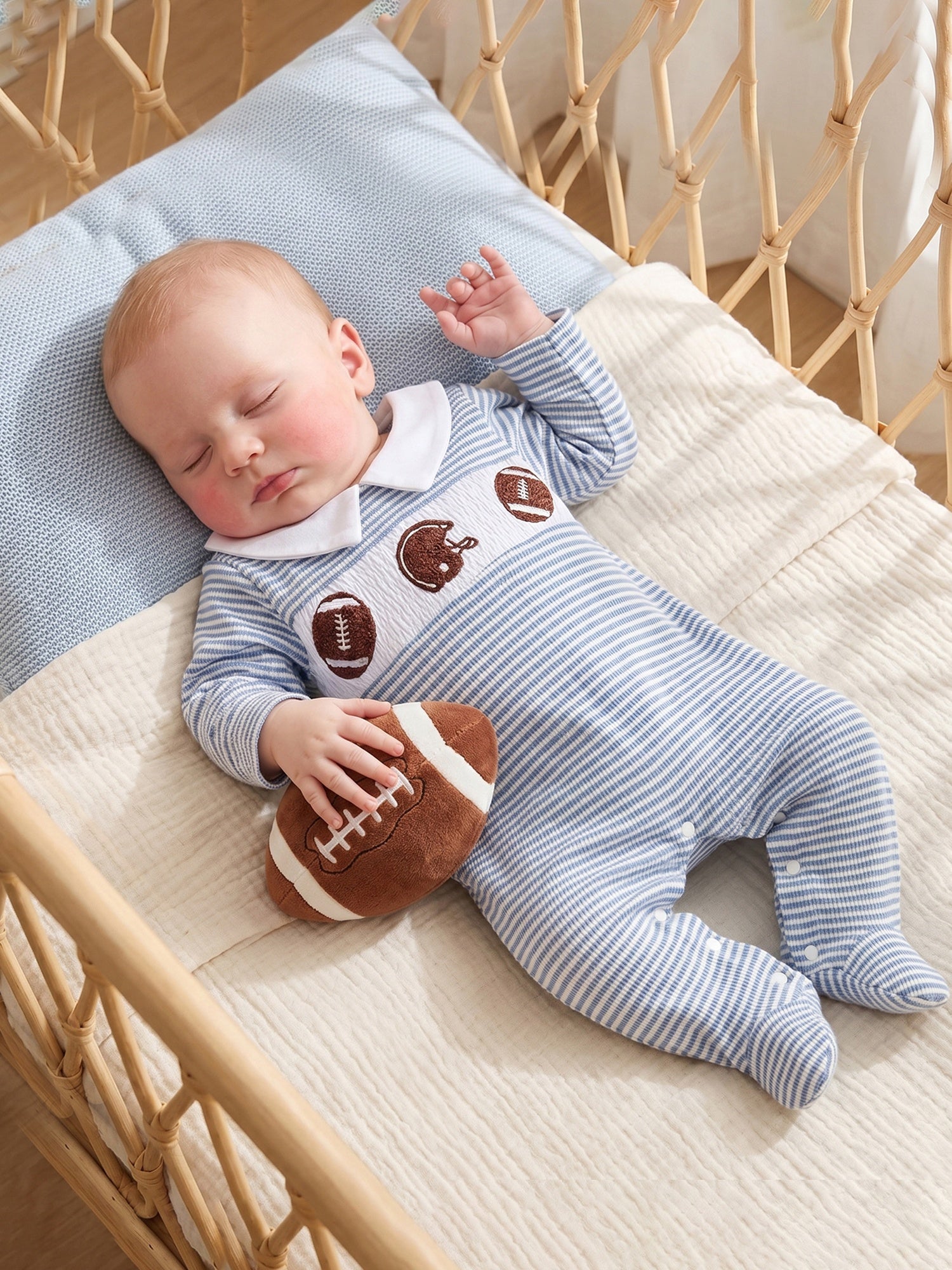 Newborn Baby Boy Footed Romper Striped Football Embroidered Long Sleeve Smocked Jumpsuit Infant Footies, for Outdoor