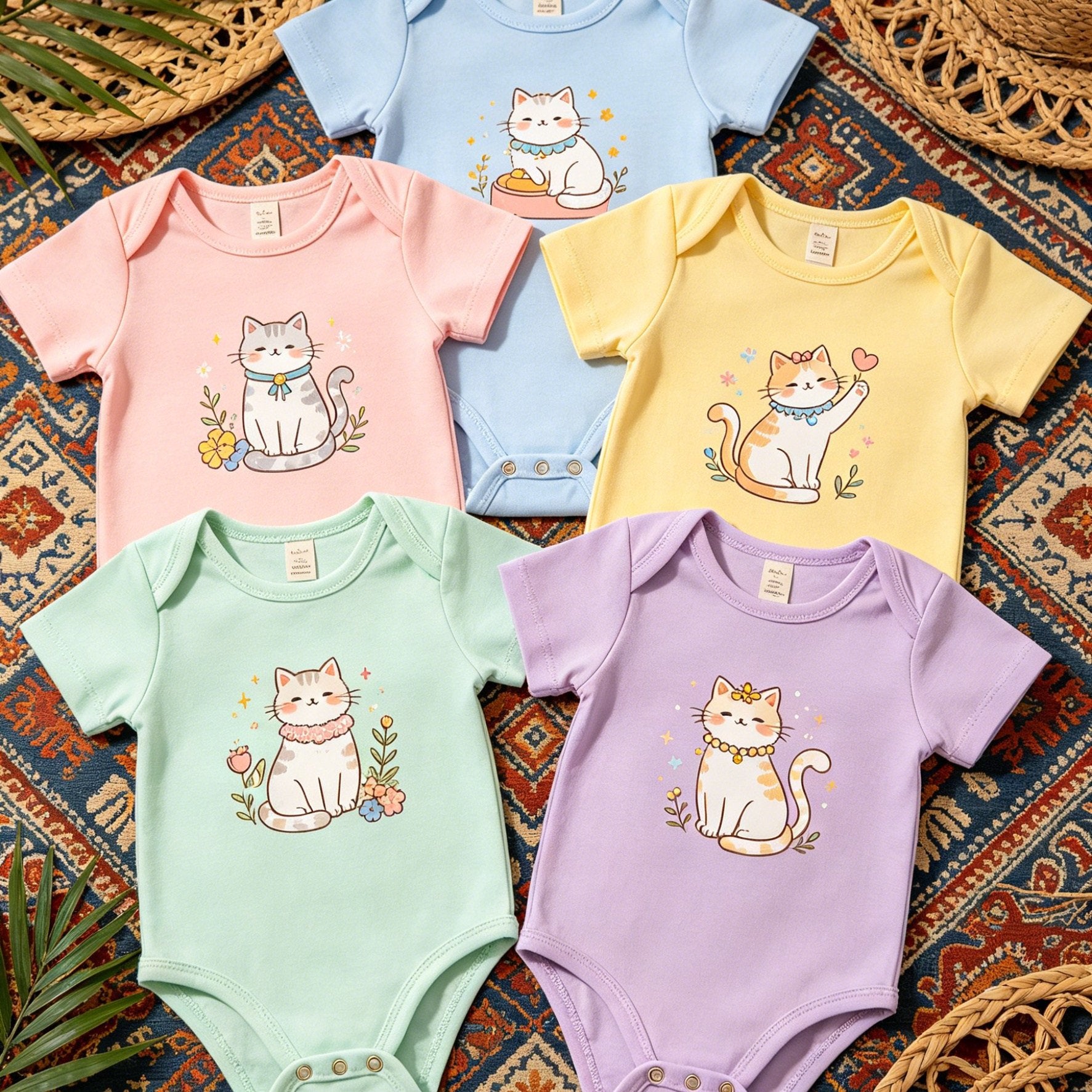 5pcs Baby Girls Cute Cat Print Short Sleeve Bodysuits, Triangle Rompers, Soft Breathable Jumpsuits, Spring Summer Casual Outdoor Outfits, Perfect Gifts for Toddler Girls, 3-24 Months, for Outdoor