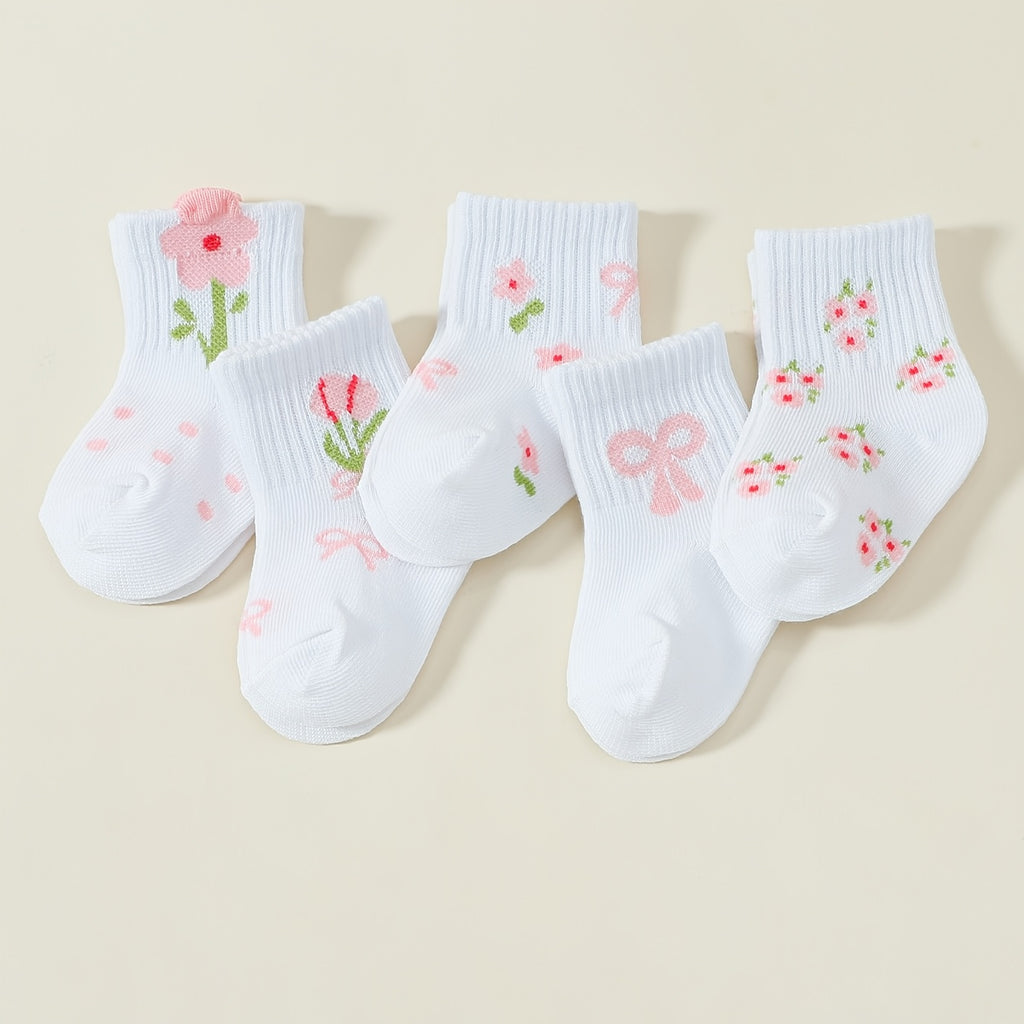 1\u002F5 Pairs Spring\u002FAutumn Baby Socks with Floral And Bow Design, Cute And Playful Soft Warm Mid-Calf Socks, Suitable for Children'S Birthdays, Holiday Gifts, And Daily Wear