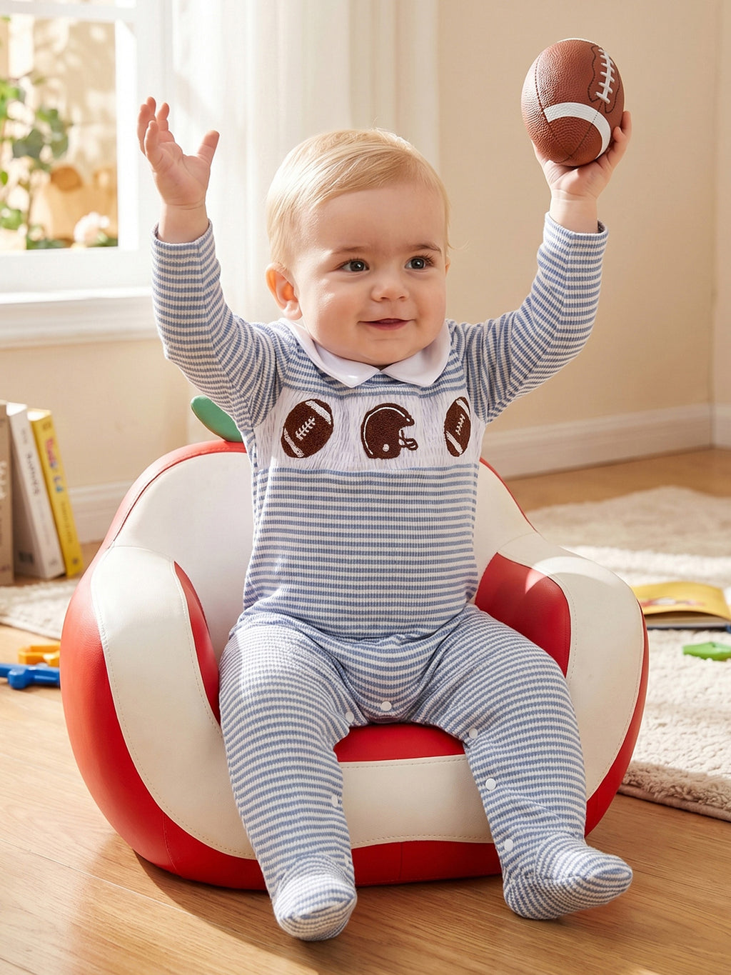 Newborn Baby Boy Footed Romper Striped Football Embroidered Long Sleeve Smocked Jumpsuit Infant Footies, for Outdoor