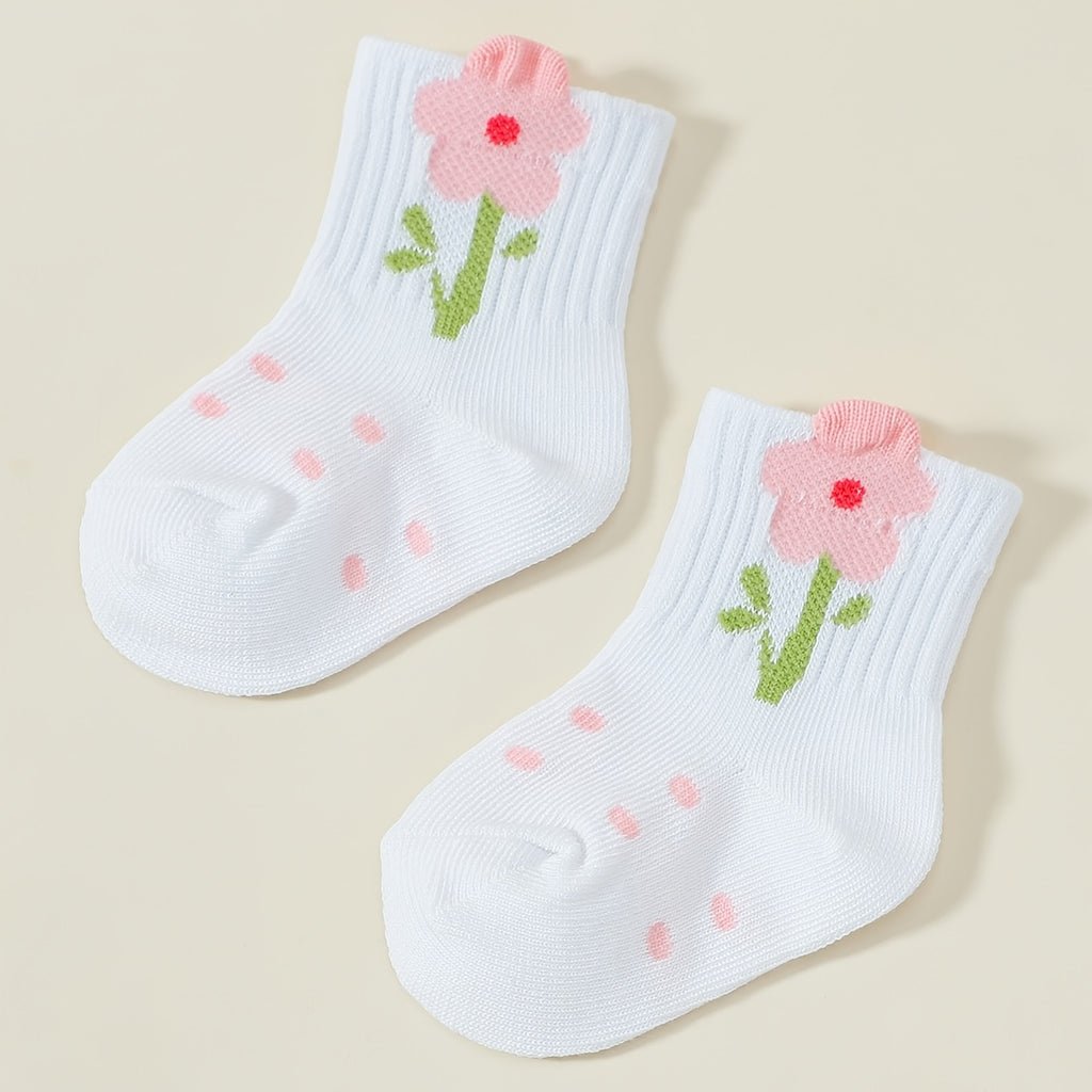 1\u002F5 Pairs Spring\u002FAutumn Baby Socks with Floral And Bow Design, Cute And Playful Soft Warm Mid-Calf Socks, Suitable for Children'S Birthdays, Holiday Gifts, And Daily Wear