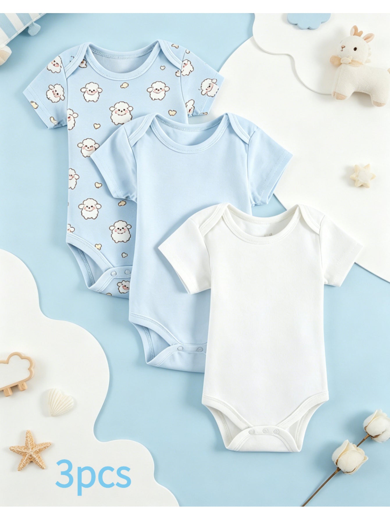 3 Items: Baby Triangle Onesie, Three Colors Featuring Adorable Blue Cartoon Sheep Prints, Fresh and Soothing, Soft and Comfortable, Easy to Change Diapers, Suitable for Casual Attire and Outdoor Activities, Making It the Perfect Baby Gift