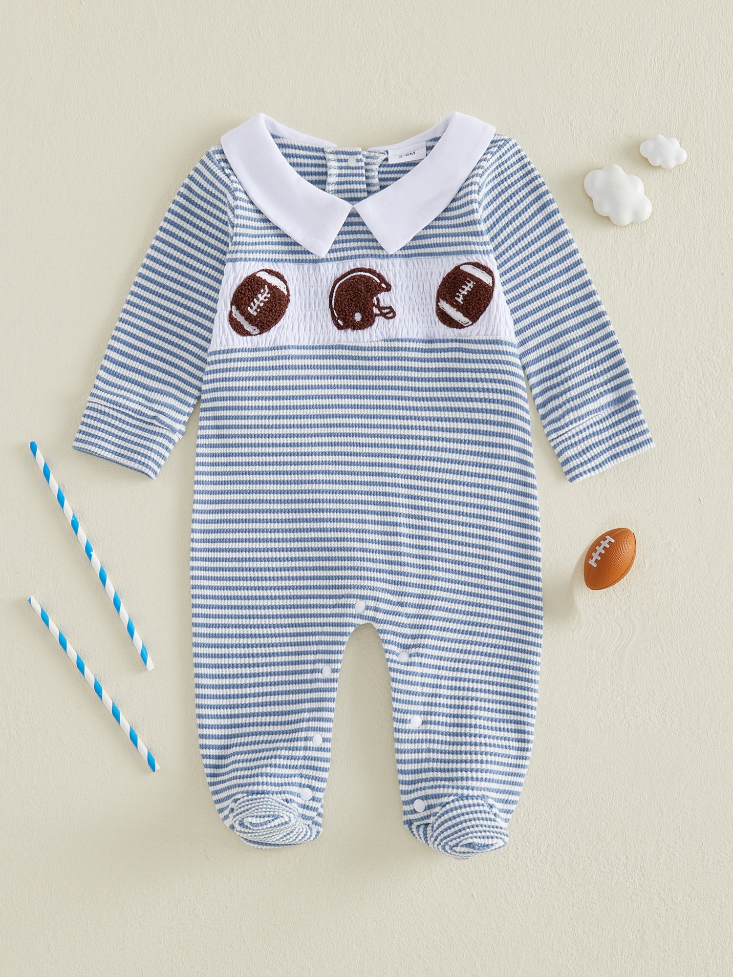 Newborn Baby Boy Footed Romper Striped Football Embroidered Long Sleeve Smocked Jumpsuit Infant Footies, for Outdoor