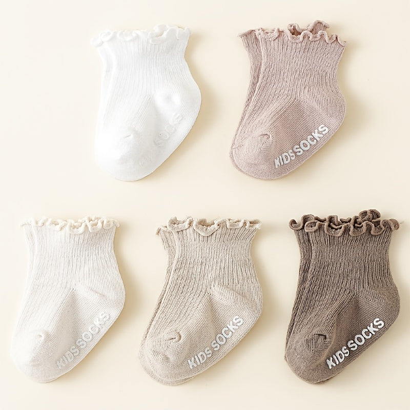 1\u002F5 Pairs of Spring\u002FSummer Solid Color Cute Sweet Girl's Ruffle Edge Non-Slip Ankle Socks
