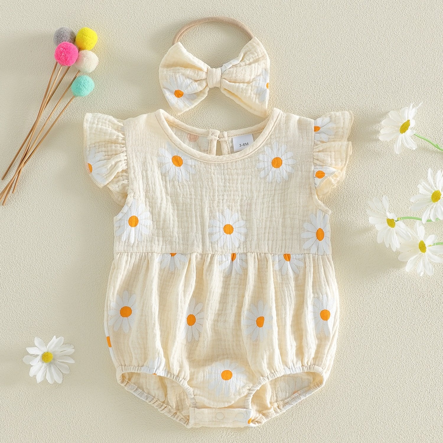 Newborn Girl Outfit, Flower Print Fly Sleeve Romper with Bowknot Hairband Summer Clothes, Perfect for Outdoor