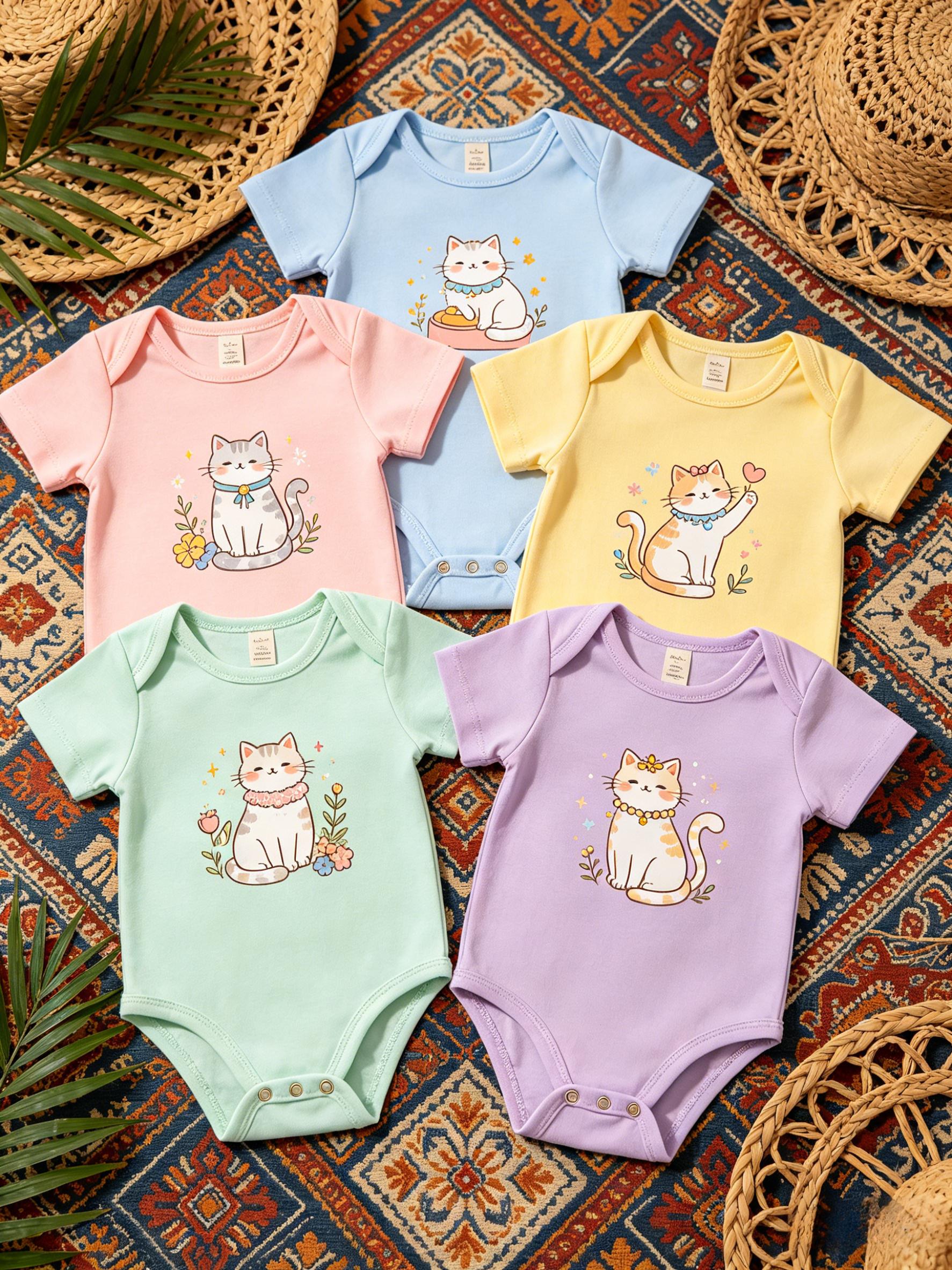 5pcs Baby Girls Cute Cat Print Short Sleeve Bodysuits, Triangle Rompers, Soft Breathable Jumpsuits, Spring Summer Casual Outdoor Outfits, Perfect Gifts for Toddler Girls, 3-24 Months, for Outdoor