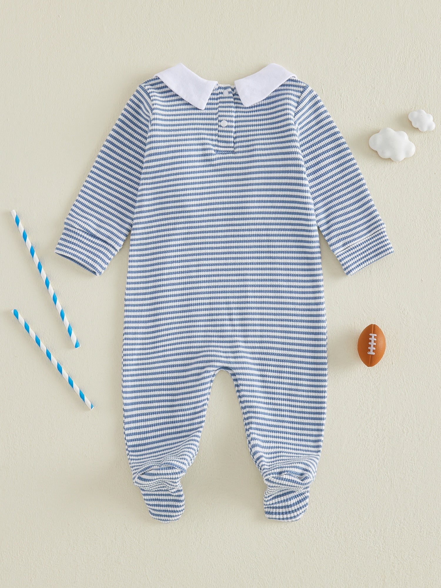 Newborn Baby Boy Footed Romper Striped Football Embroidered Long Sleeve Smocked Jumpsuit Infant Footies, for Outdoor