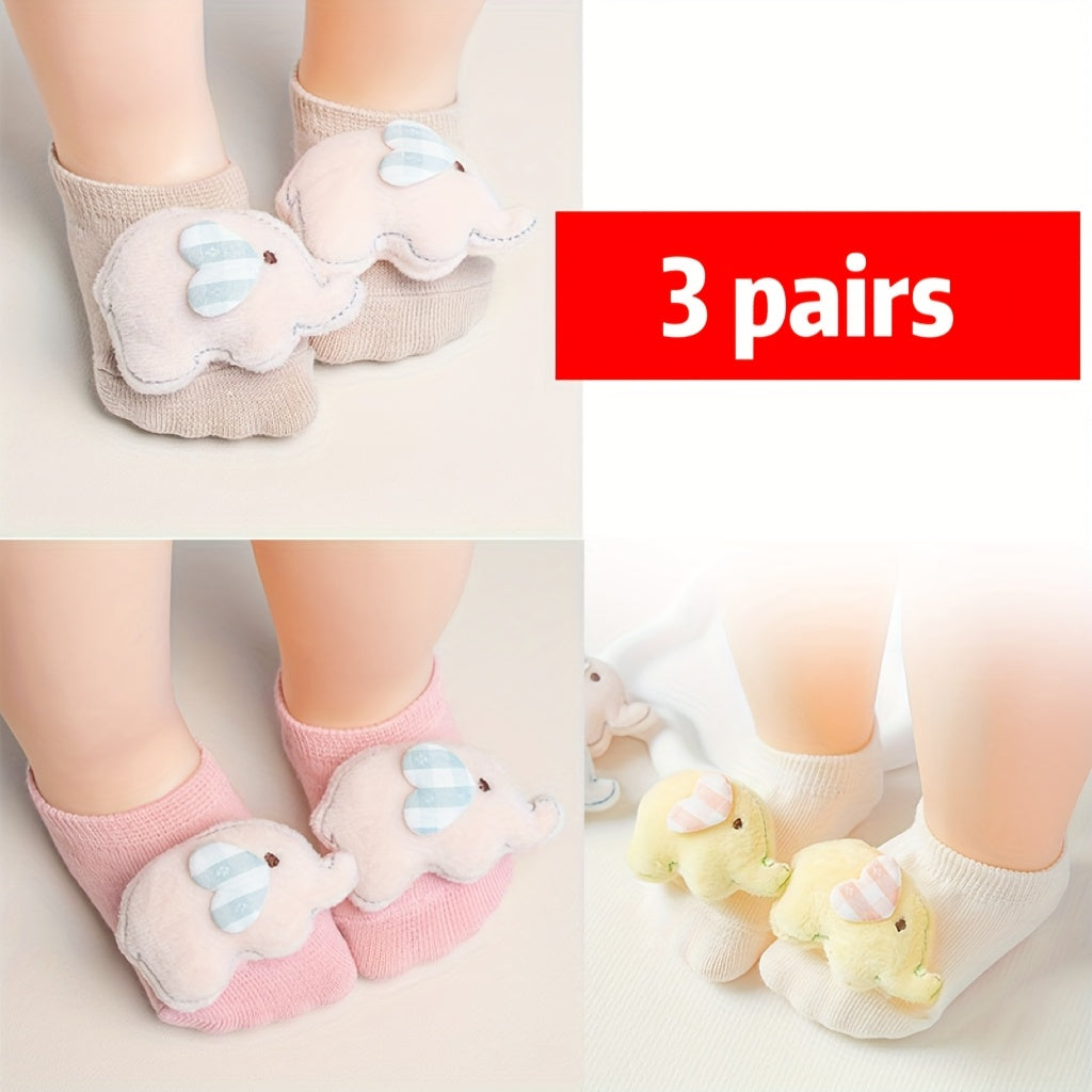 1-pair\u002F3-pair, Adorable Baby Elephant No-Show Socks, Girls' Non-Slip Toddler Socks for Home, Multiple Colors Available, Combo Pc, Soft, Comfortable, and Breathable, 3D Cute Animal Design, Versatile for Daily Home Use, Parties, and Gatherings