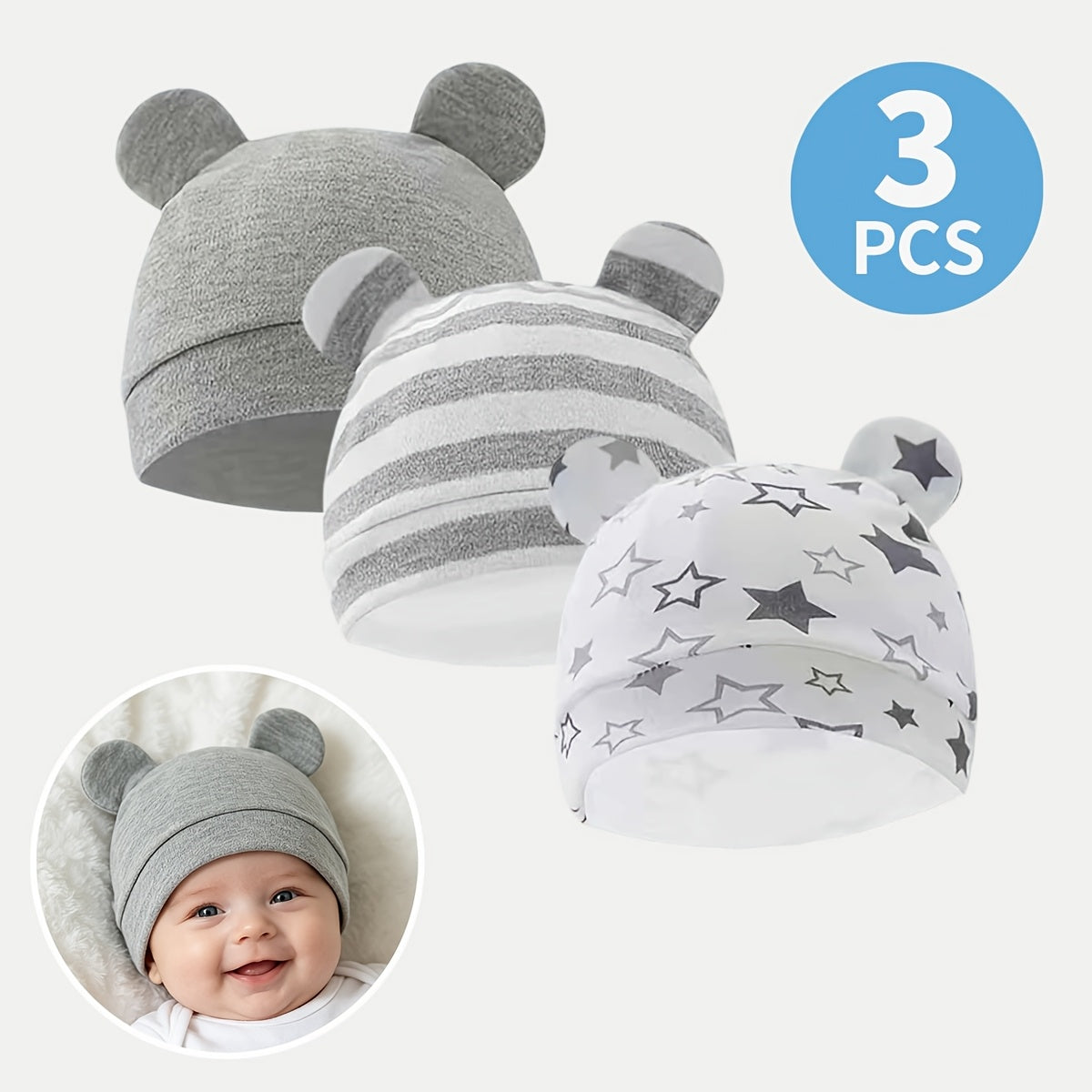 3-Pack Newborn Baby Flower Lollipop Bear Ears Hat Soft Skin-Friendly Suitable for Newborns Infant 0.0-9.84ft