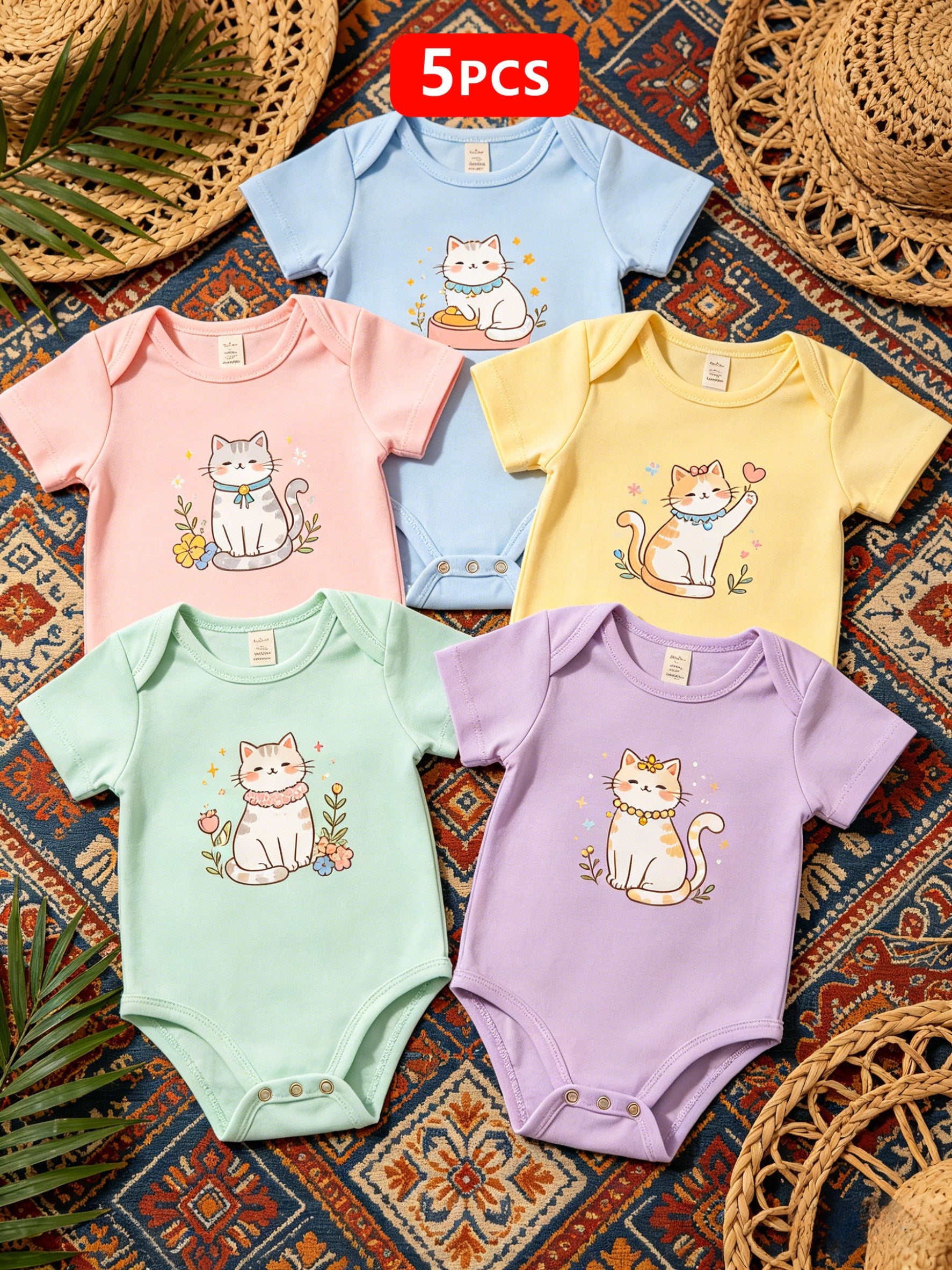 5pcs Baby Girls Cute Cat Print Short Sleeve Bodysuits, Triangle Rompers, Soft Breathable Jumpsuits, Spring Summer Casual Outdoor Outfits, Perfect Gifts for Toddler Girls, 3-24 Months, for Outdoor