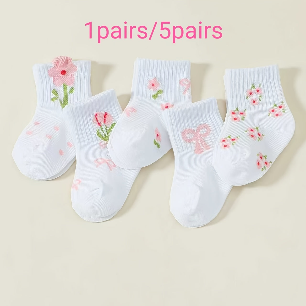1\u002F5 Pairs Spring\u002FAutumn Baby Socks with Floral And Bow Design, Cute And Playful Soft Warm Mid-Calf Socks, Suitable for Children'S Birthdays, Holiday Gifts, And Daily Wear