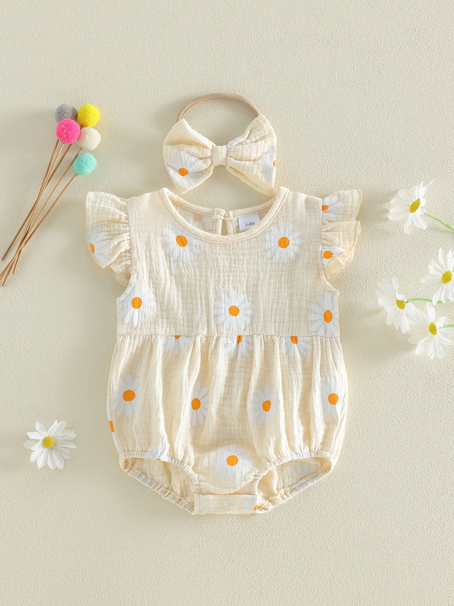Newborn Girl Outfit, Flower Print Fly Sleeve Romper with Bowknot Hairband Summer Clothes, Perfect for Outdoor