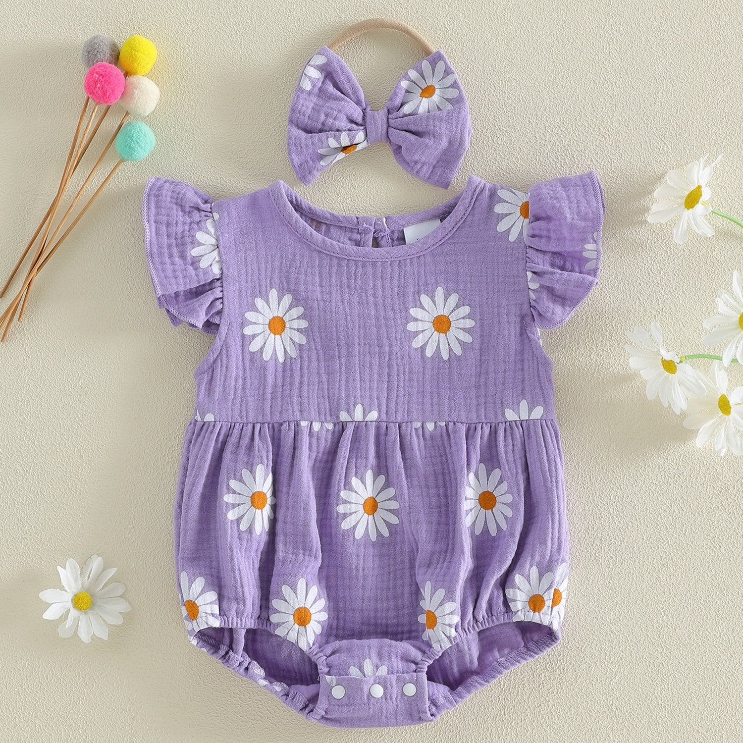 Newborn Girl Outfit, Flower Print Fly Sleeve Romper with Bowknot Hairband Summer Clothes, Perfect for Outdoor