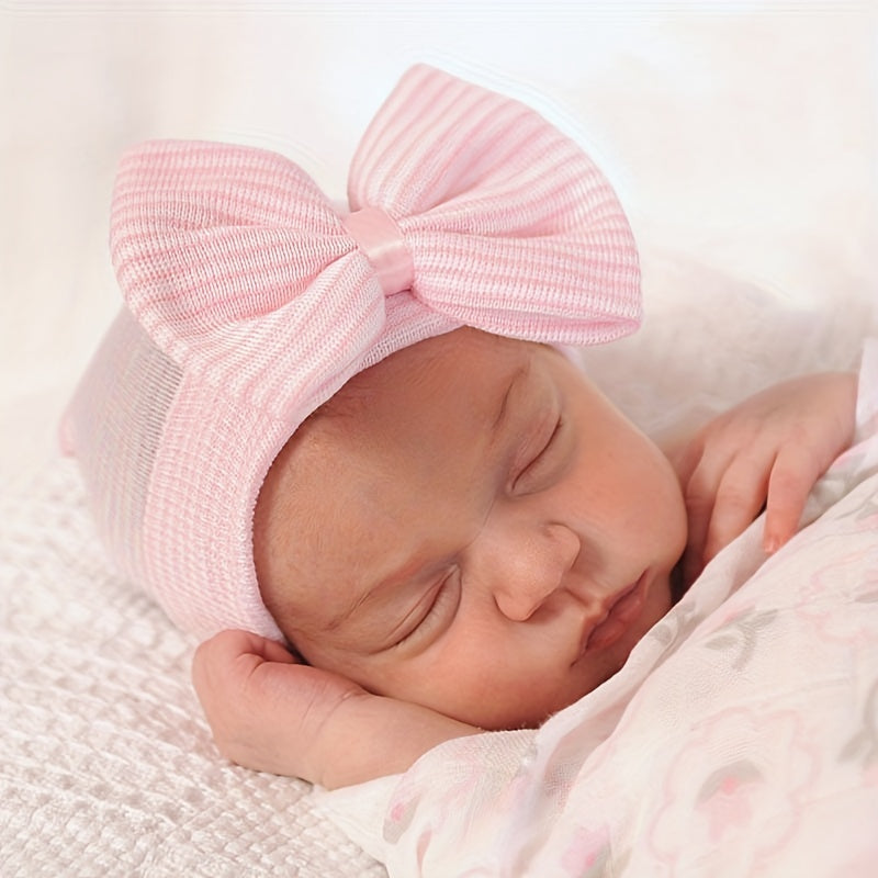 Newborn Baby Knit Hat with Large Pink Bow - Breathable Acrylic, Adjustable Toggle Closure, Perfect for Daily & Casual Occasions, Everyday Headwear | Playful Accessory | Knit Construction, Baby Clothes