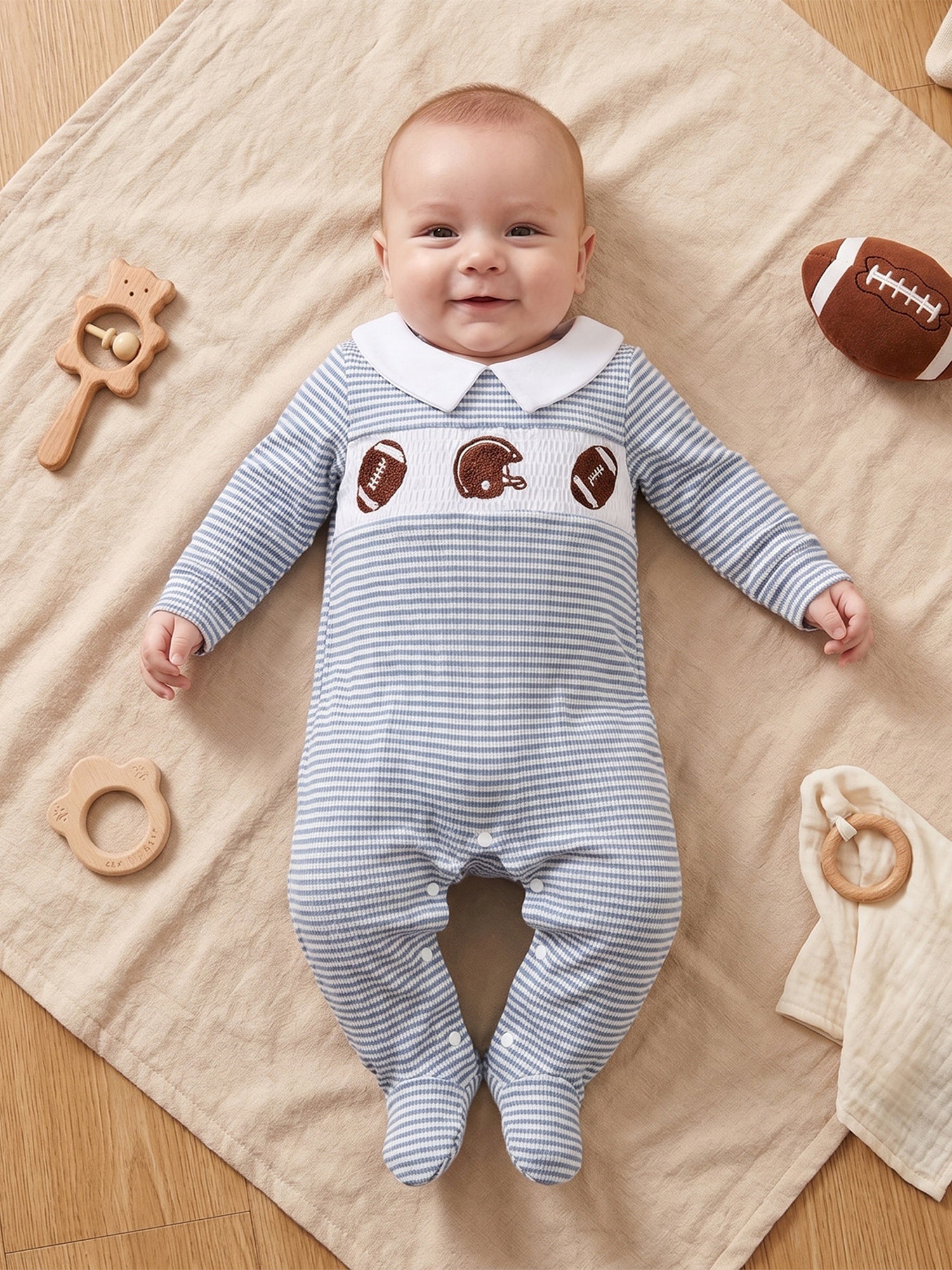 Newborn Baby Boy Footed Romper Striped Football Embroidered Long Sleeve Smocked Jumpsuit Infant Footies, for Outdoor