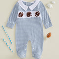 Newborn Baby Boy Footed Romper Striped Football Embroidered Long Sleeve Smocked Jumpsuit Infant Footies, for Outdoor