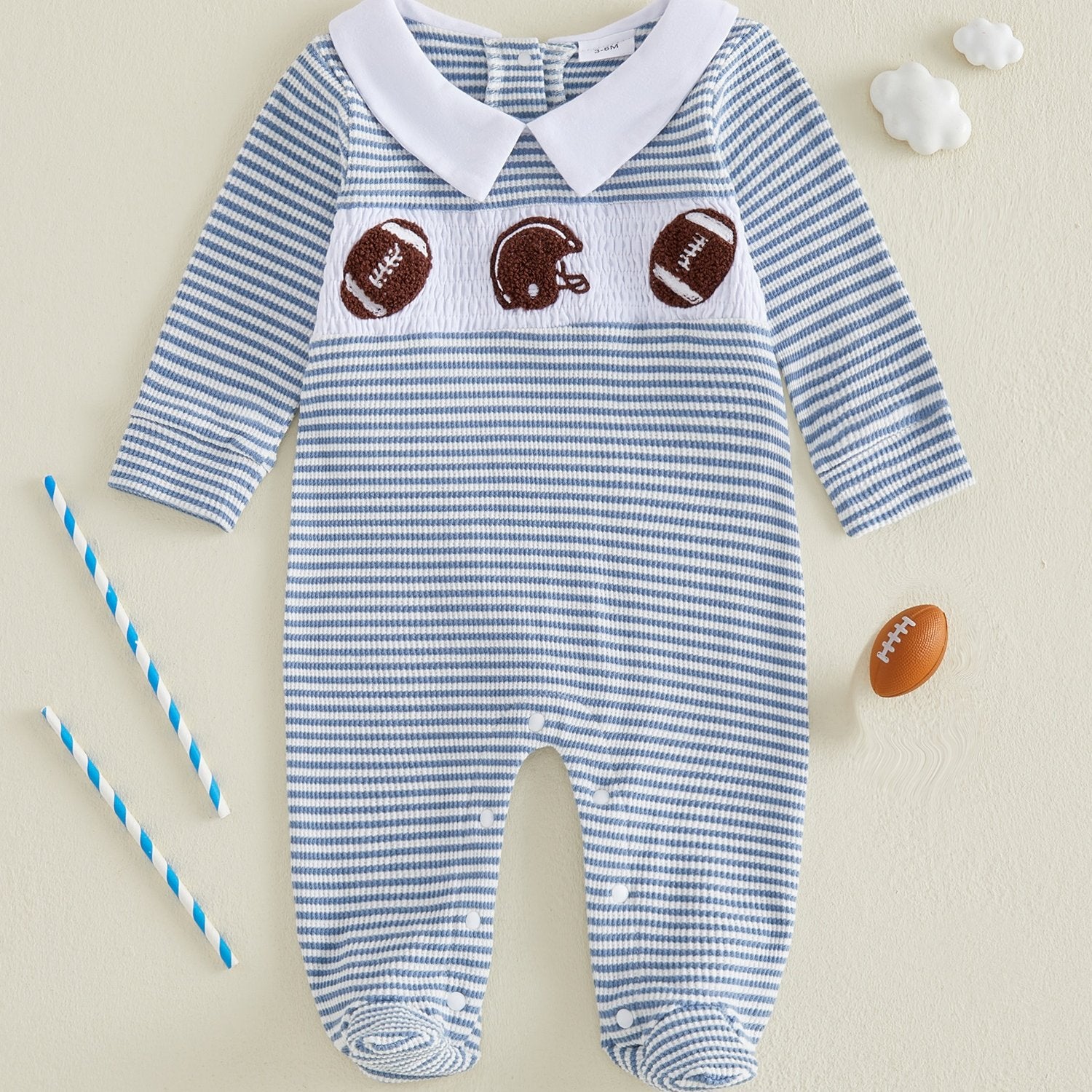Newborn Baby Boy Footed Romper Striped Football Embroidered Long Sleeve Smocked Jumpsuit Infant Footies, for Outdoor