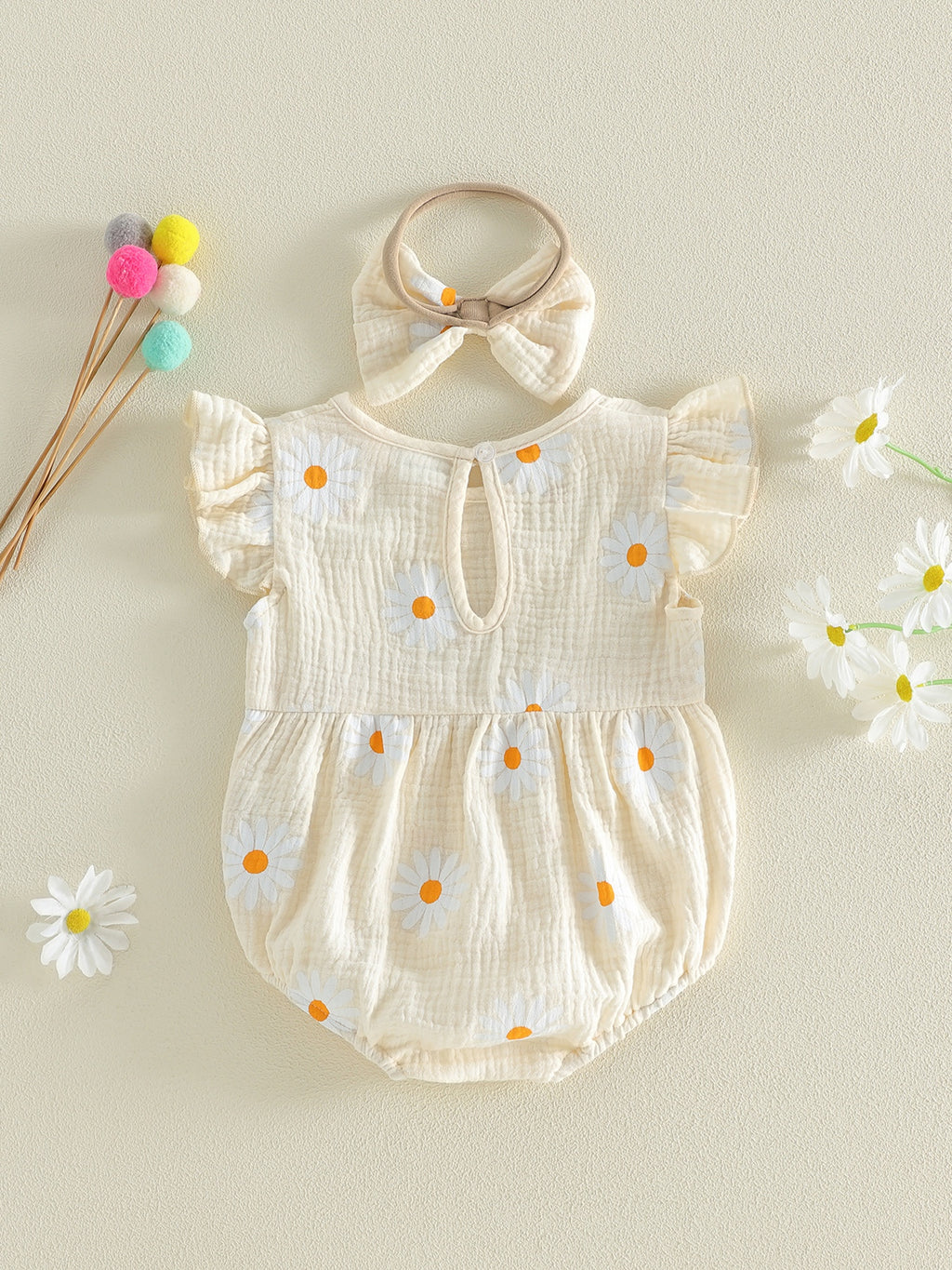 Newborn Girl Outfit, Flower Print Fly Sleeve Romper with Bowknot Hairband Summer Clothes, Perfect for Outdoor