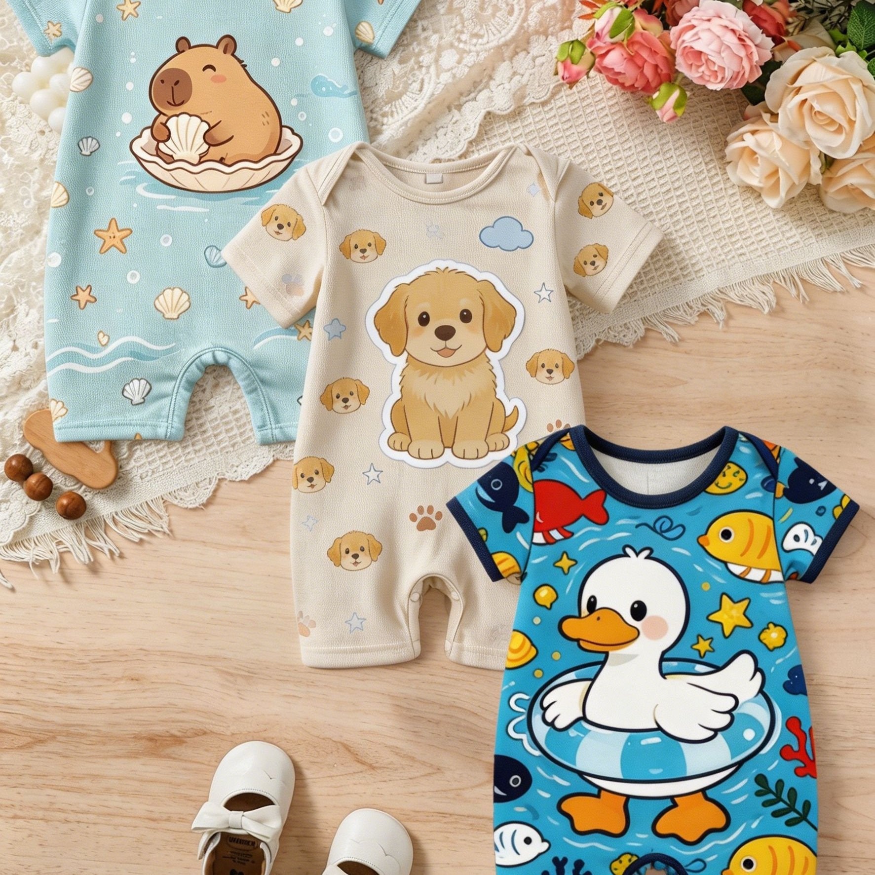 3pcs Baby Short Sleeve Rompers, Suitable for 0-24 Months Infants, Summer New Arrivals, Capybara\u002FPuppy\u002FDuck Creative Print, Breathable And Skin-Friendly Newborn Crawl Suit, Open Crotch Design, Unisex Outdoor Wear, Soft Fabric Bodysuit, Ideal Gift