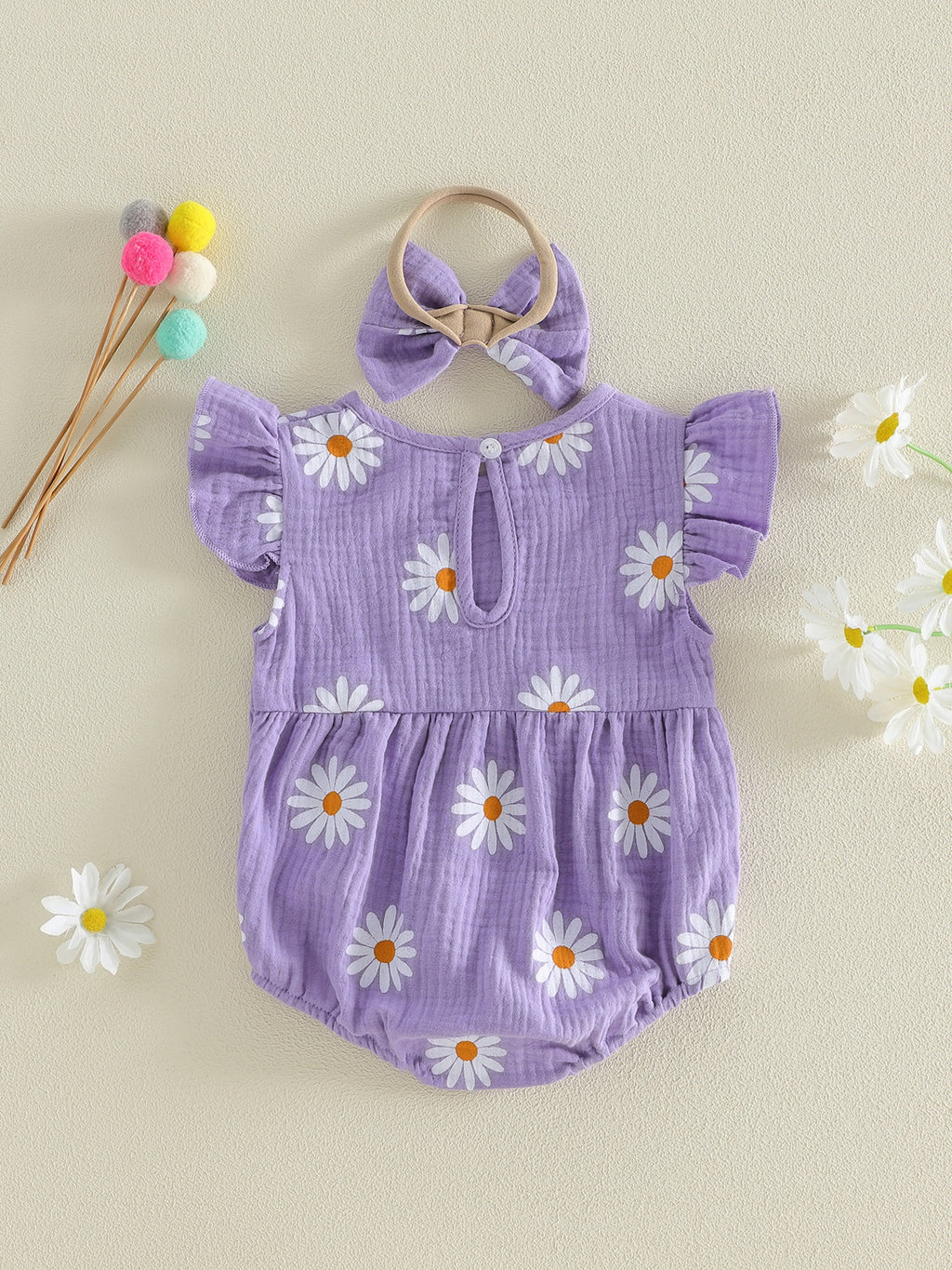 Newborn Girl Outfit, Flower Print Fly Sleeve Romper with Bowknot Hairband Summer Clothes, Perfect for Outdoor