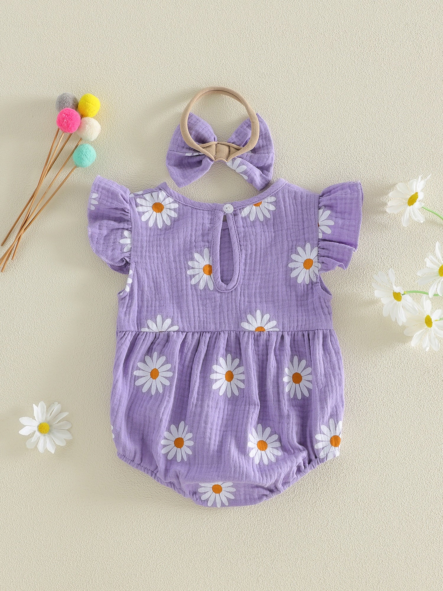 Newborn Girl Outfit, Flower Print Fly Sleeve Romper with Bowknot Hairband Summer Clothes, Perfect for Outdoor