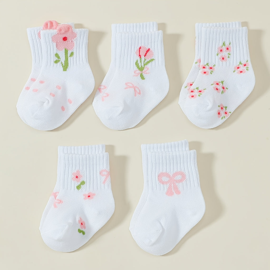 1\u002F5 Pairs Spring\u002FAutumn Baby Socks with Floral And Bow Design, Cute And Playful Soft Warm Mid-Calf Socks, Suitable for Children'S Birthdays, Holiday Gifts, And Daily Wear