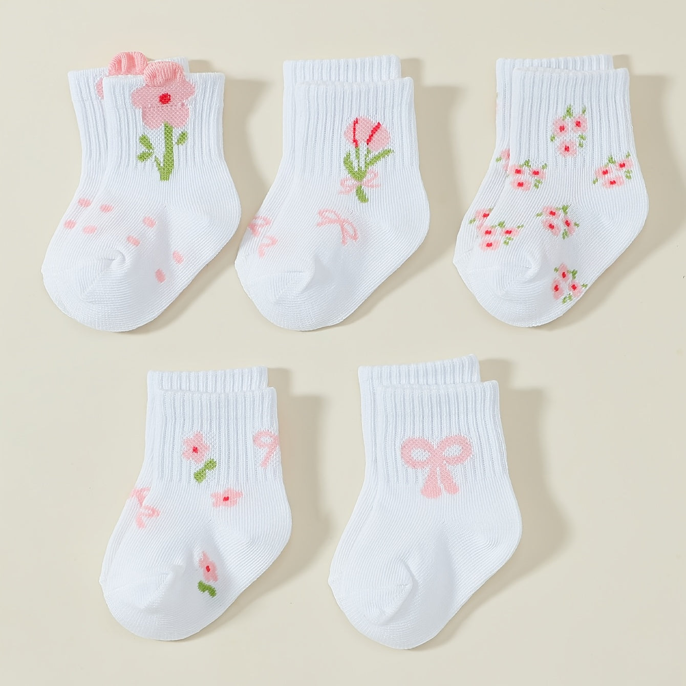 1\u002F5 Pairs Spring\u002FAutumn Baby Socks with Floral And Bow Design, Cute And Playful Soft Warm Mid-Calf Socks, Suitable for Children'S Birthdays, Holiday Gifts, And Daily Wear