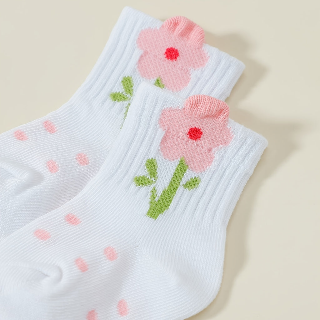 1\u002F5 Pairs Spring\u002FAutumn Baby Socks with Floral And Bow Design, Cute And Playful Soft Warm Mid-Calf Socks, Suitable for Children'S Birthdays, Holiday Gifts, And Daily Wear