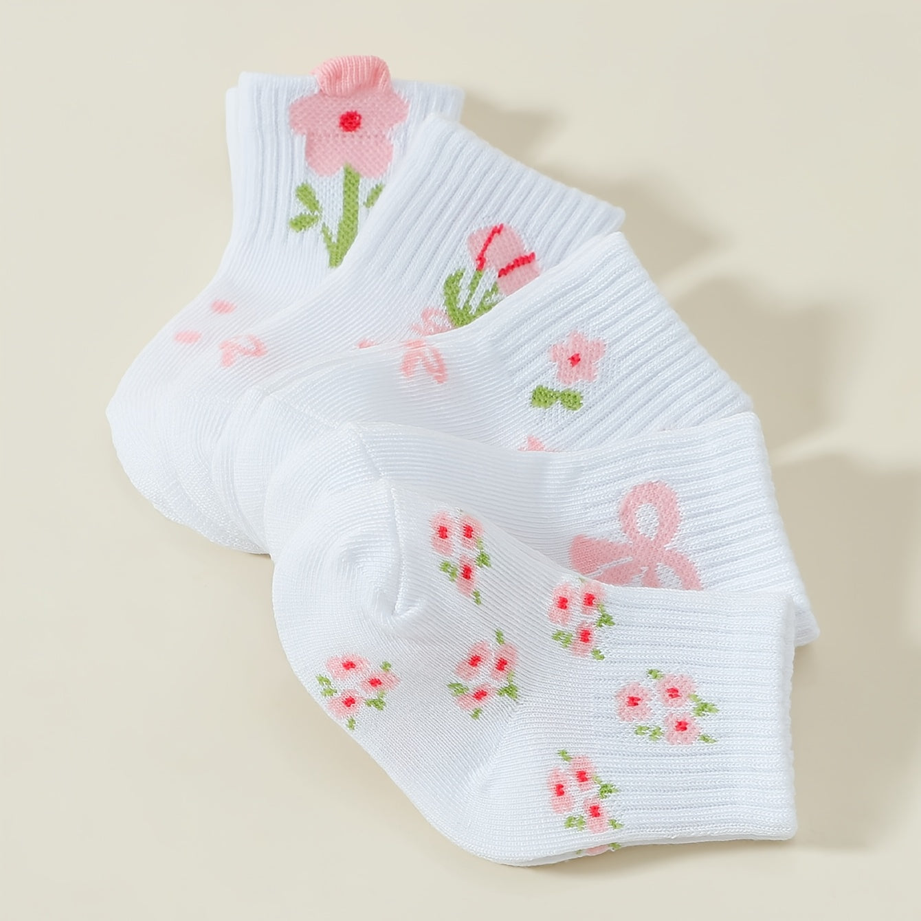 1\u002F5 Pairs Spring\u002FAutumn Baby Socks with Floral And Bow Design, Cute And Playful Soft Warm Mid-Calf Socks, Suitable for Children'S Birthdays, Holiday Gifts, And Daily Wear