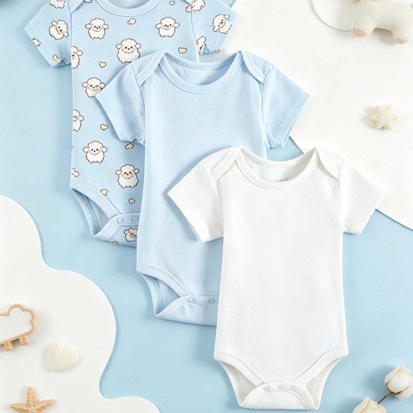3 Items: Baby Triangle Onesie, Three Colors Featuring Adorable Blue Cartoon Sheep Prints, Fresh and Soothing, Soft and Comfortable, Easy to Change Diapers, Suitable for Casual Attire and Outdoor Activities, Making It the Perfect Baby Gift