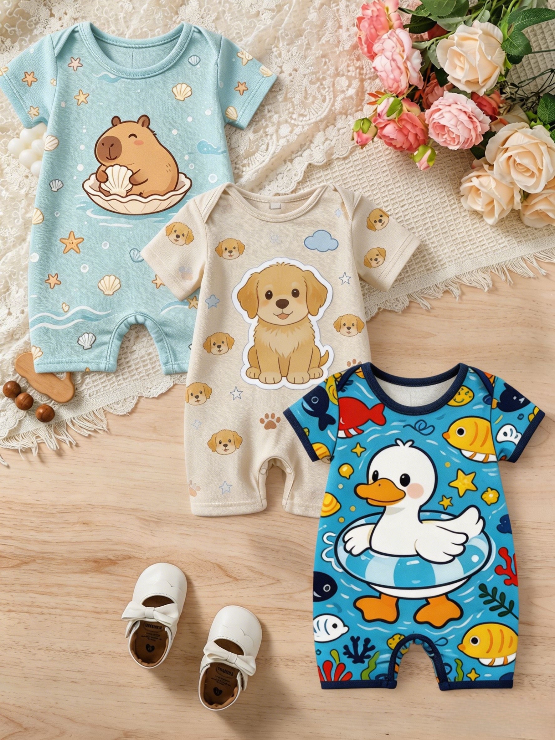3pcs Baby Short Sleeve Rompers, Suitable for 0-24 Months Infants, Summer New Arrivals, Capybara\u002FPuppy\u002FDuck Creative Print, Breathable And Skin-Friendly Newborn Crawl Suit, Open Crotch Design, Unisex Outdoor Wear, Soft Fabric Bodysuit, Ideal Gift