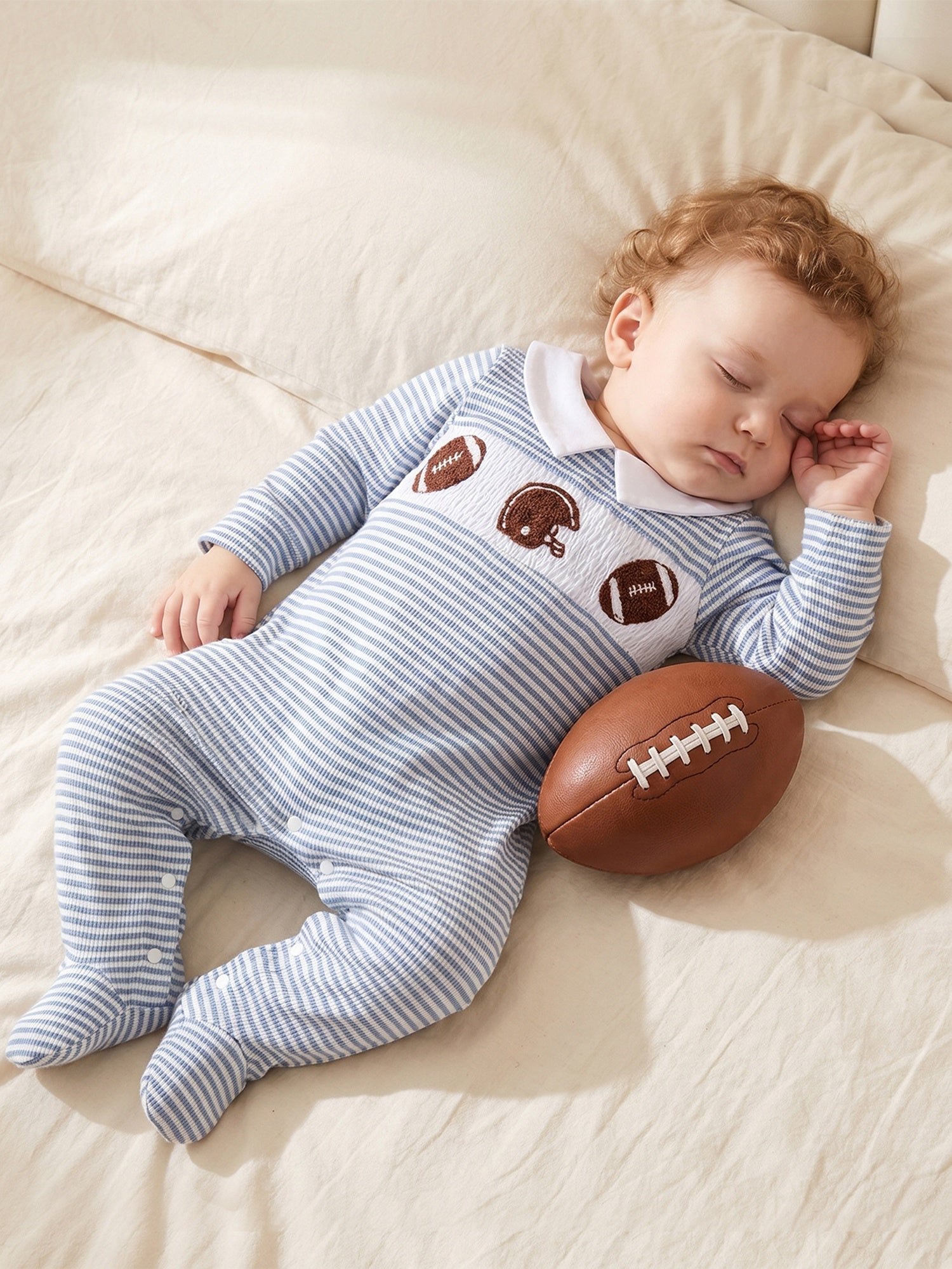 Newborn Baby Boy Footed Romper Striped Football Embroidered Long Sleeve Smocked Jumpsuit Infant Footies, for Outdoor