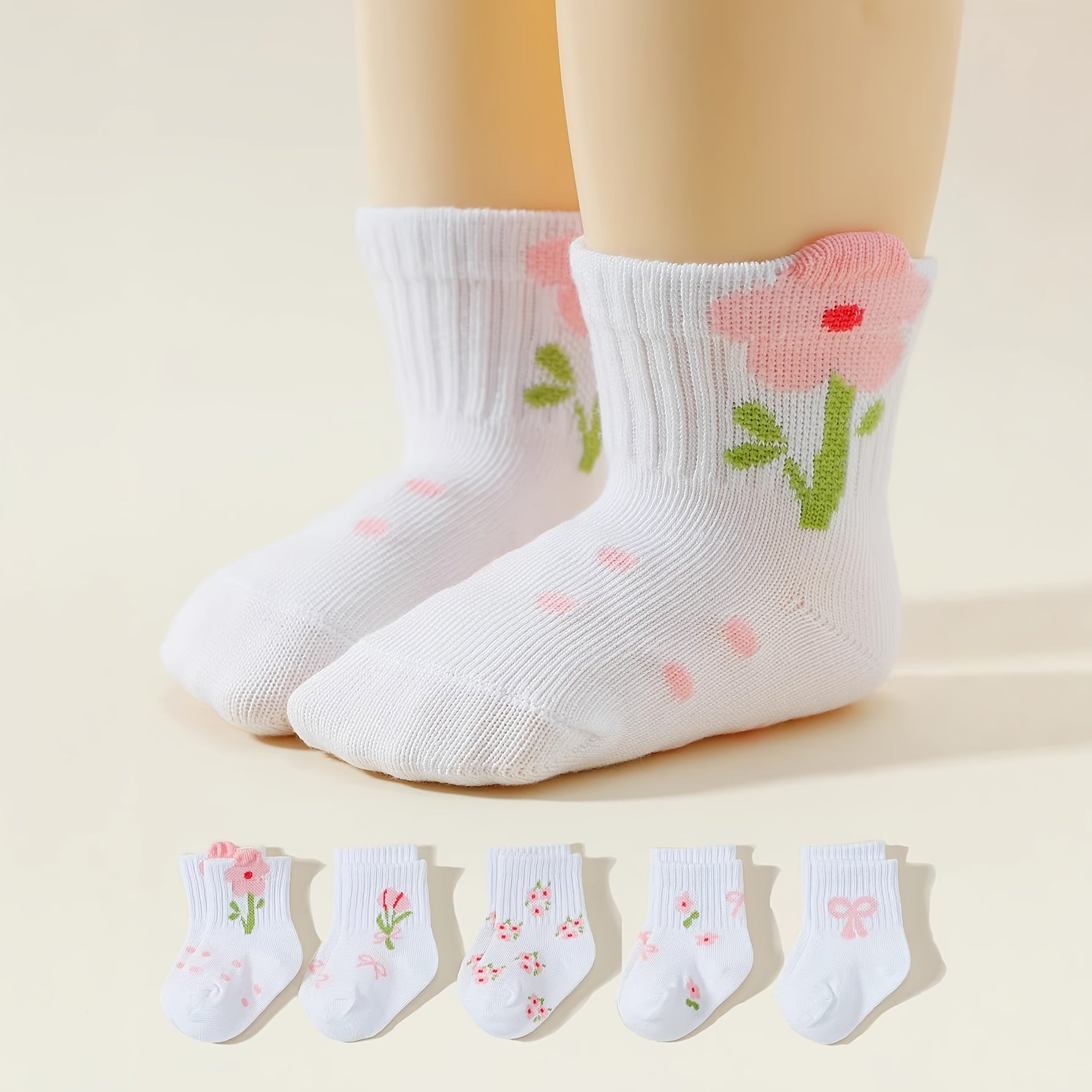 1\u002F5 Pairs Spring\u002FAutumn Baby Socks with Floral And Bow Design, Cute And Playful Soft Warm Mid-Calf Socks, Suitable for Children'S Birthdays, Holiday Gifts, And Daily Wear