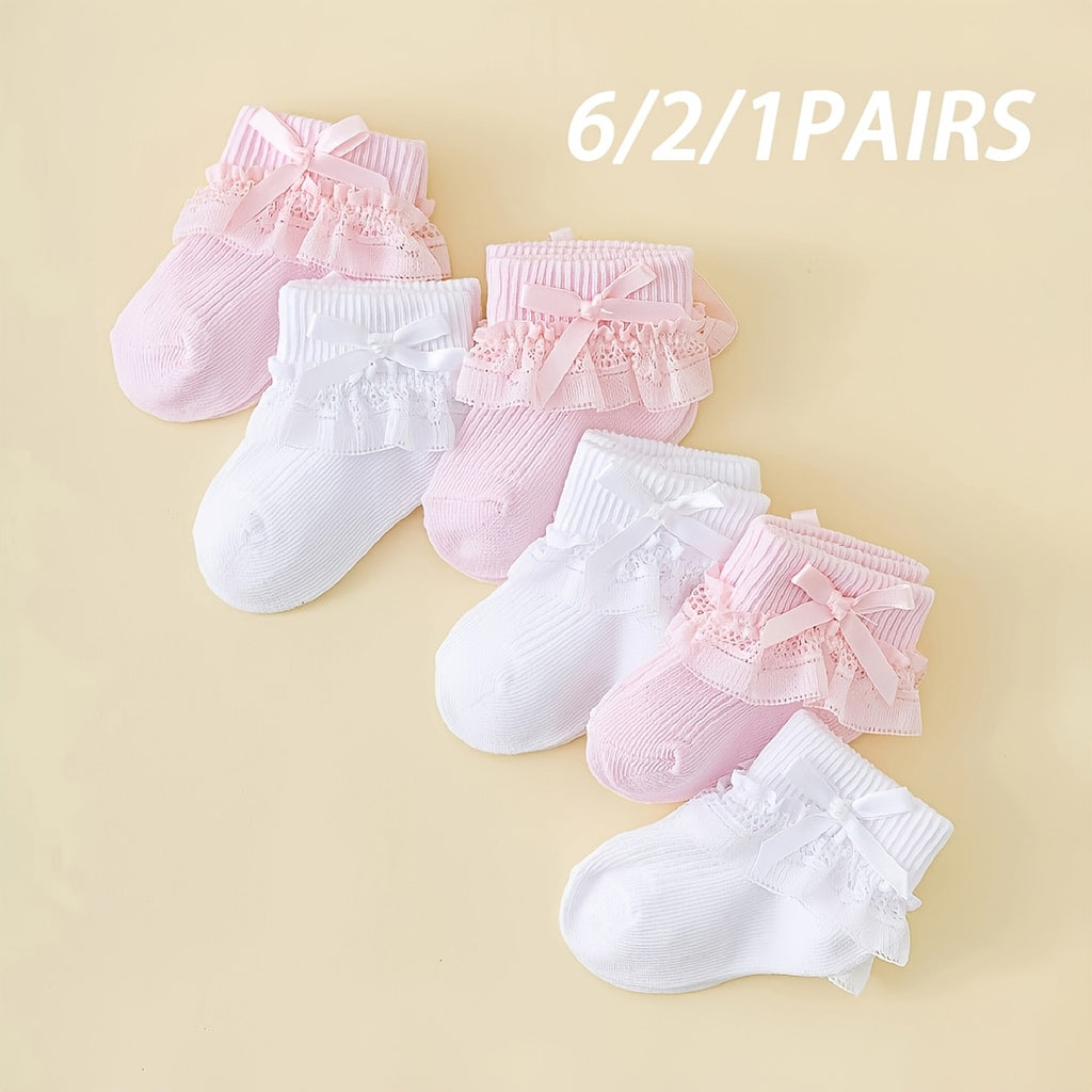 1\u002F2\u002F6-Pack Spring-Summer Breathable Bow-Trimmed Ankle Socks for Newborn Girls