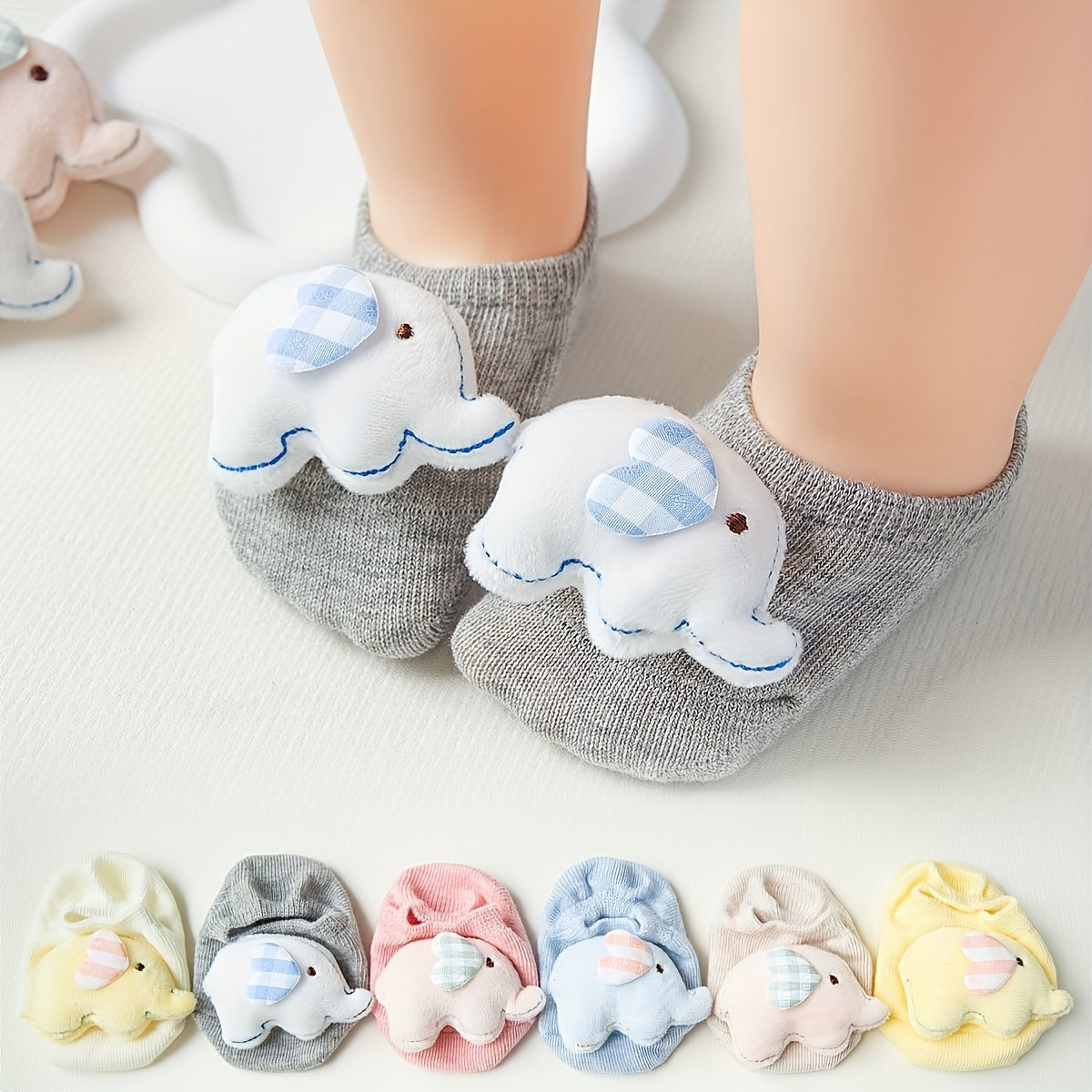 1-pair\u002F3-pair, Adorable Baby Elephant No-Show Socks, Girls' Non-Slip Toddler Socks for Home, Multiple Colors Available, Combo Pc, Soft, Comfortable, and Breathable, 3D Cute Animal Design, Versatile for Daily Home Use, Parties, and Gatherings