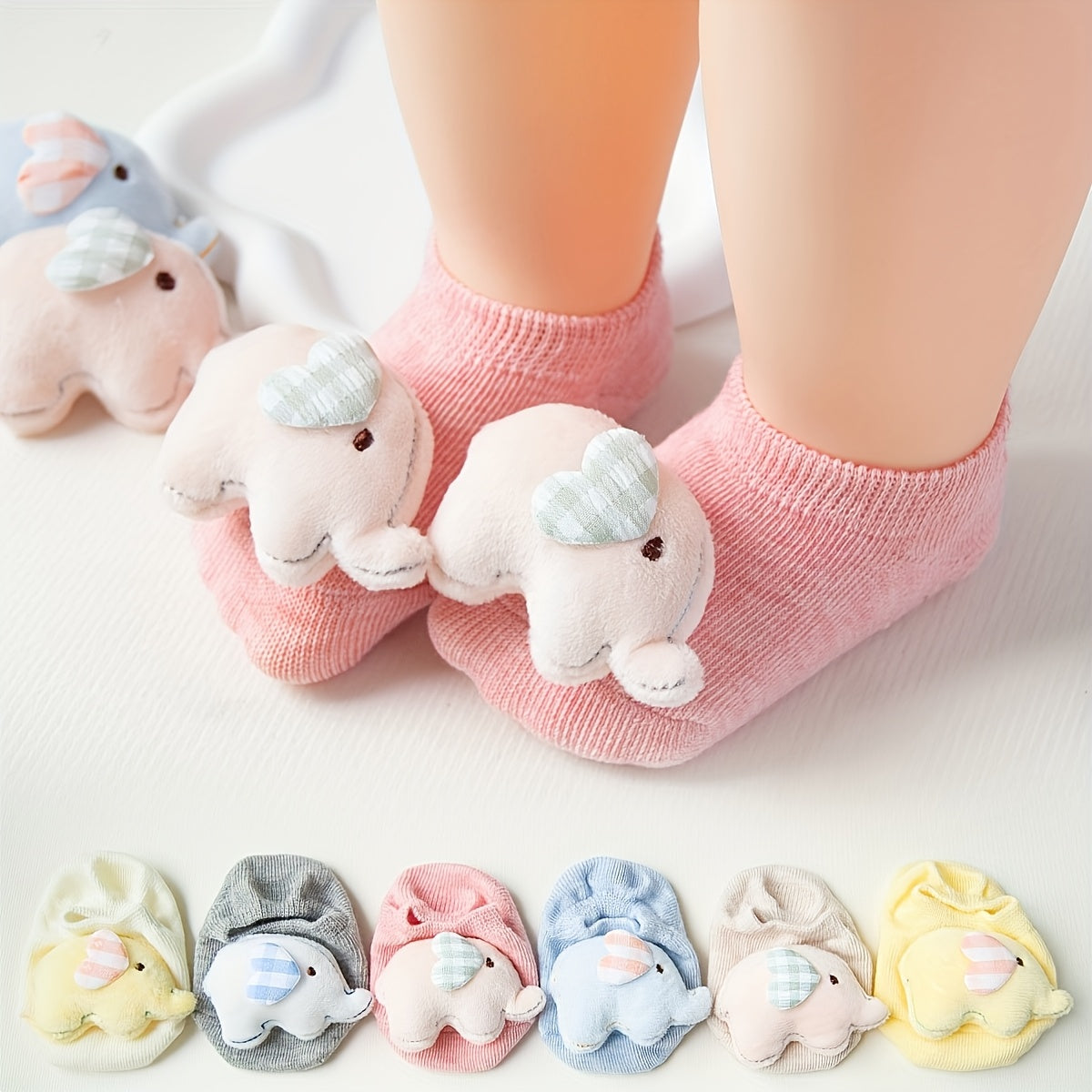 1-pair\u002F3-pair, Adorable Baby Elephant No-Show Socks, Girls' Non-Slip Toddler Socks for Home, Multiple Colors Available, Combo Pc, Soft, Comfortable, and Breathable, 3D Cute Animal Design, Versatile for Daily Home Use, Parties, and Gatherings