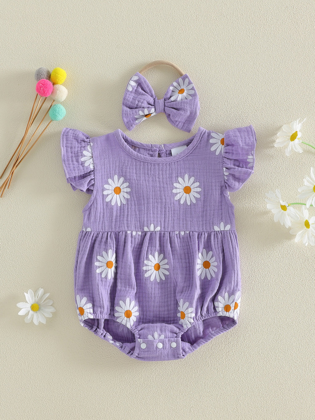 Newborn Girl Outfit, Flower Print Fly Sleeve Romper with Bowknot Hairband Summer Clothes, Perfect for Outdoor