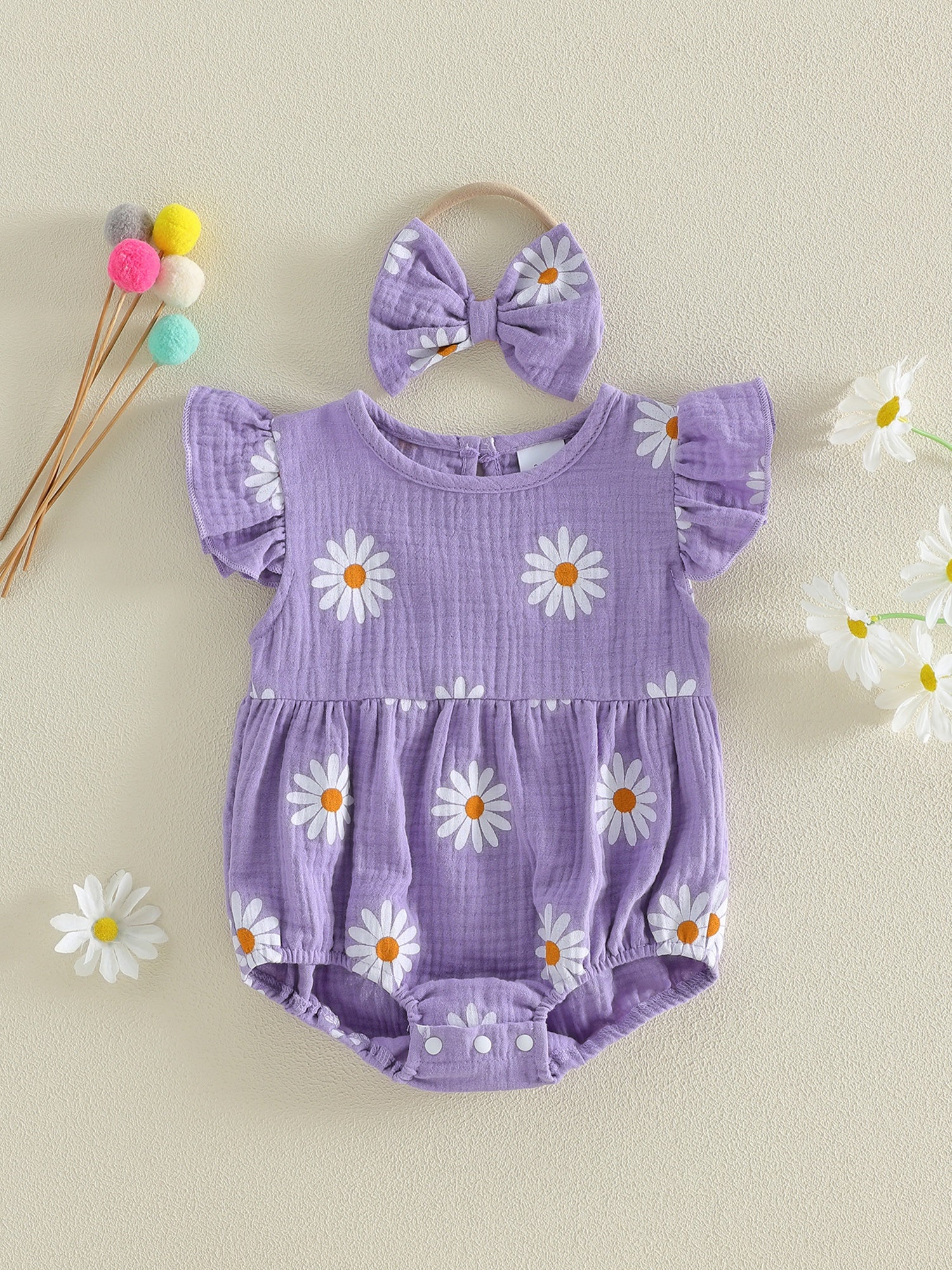 Newborn Girl Outfit, Flower Print Fly Sleeve Romper with Bowknot Hairband Summer Clothes, Perfect for Outdoor