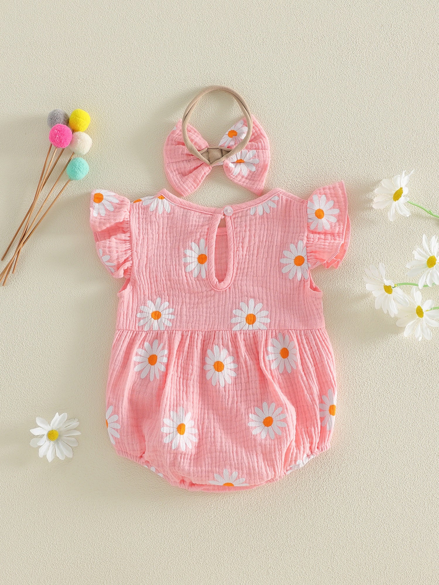 Newborn Girl Outfit, Flower Print Fly Sleeve Romper with Bowknot Hairband Summer Clothes, Perfect for Outdoor
