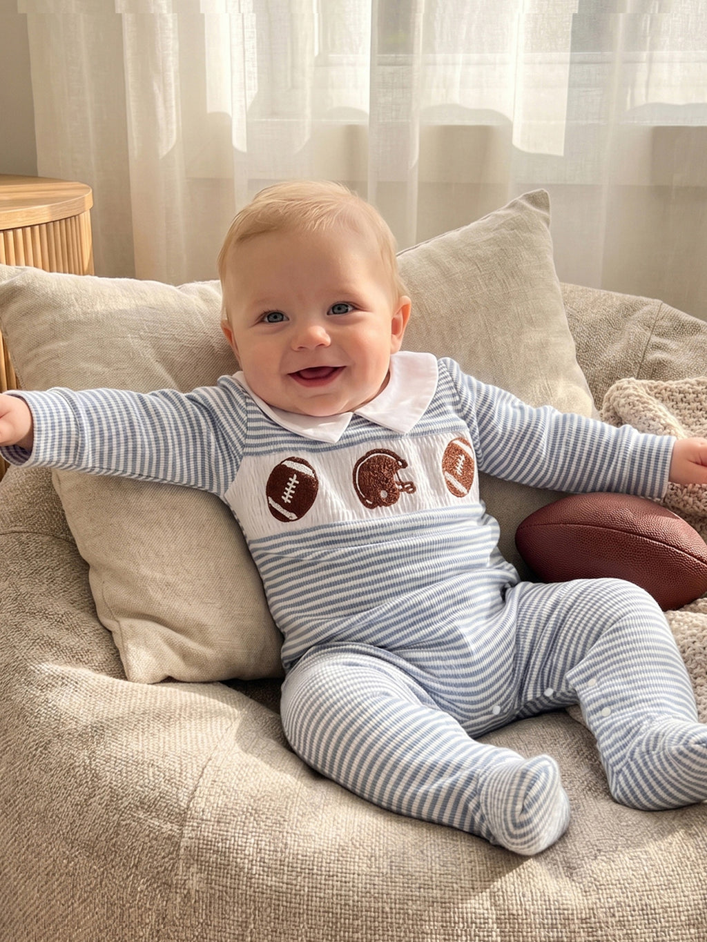Newborn Baby Boy Footed Romper Striped Football Embroidered Long Sleeve Smocked Jumpsuit Infant Footies, for Outdoor
