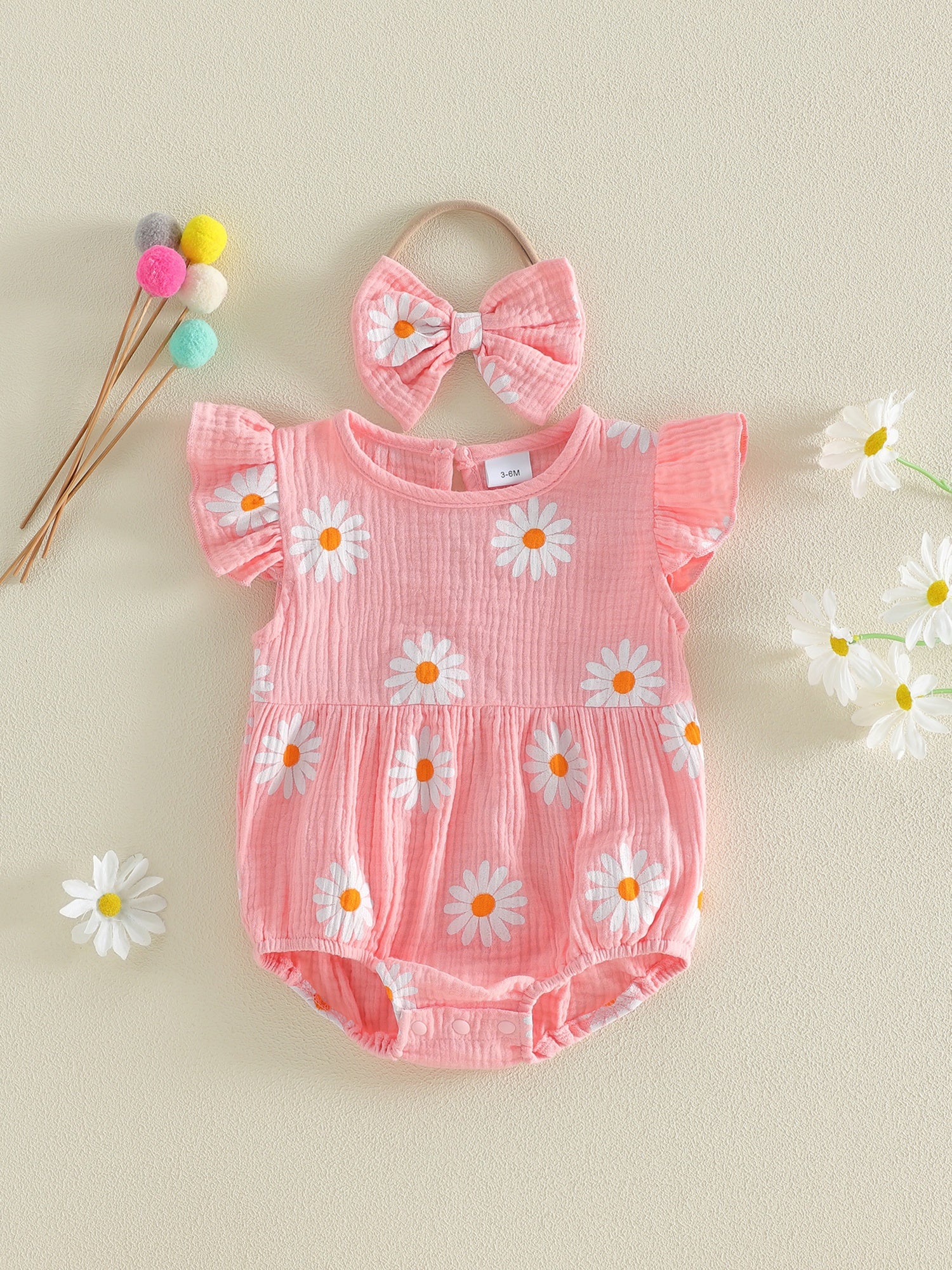 Newborn Girl Outfit, Flower Print Fly Sleeve Romper with Bowknot Hairband Summer Clothes, Perfect for Outdoor